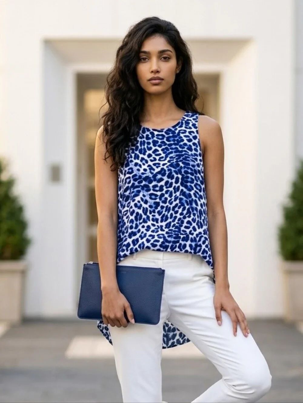 Vince Camuto Petite Kenya Blue Leopard Sleeveless Blouse Tank Top Petite Small